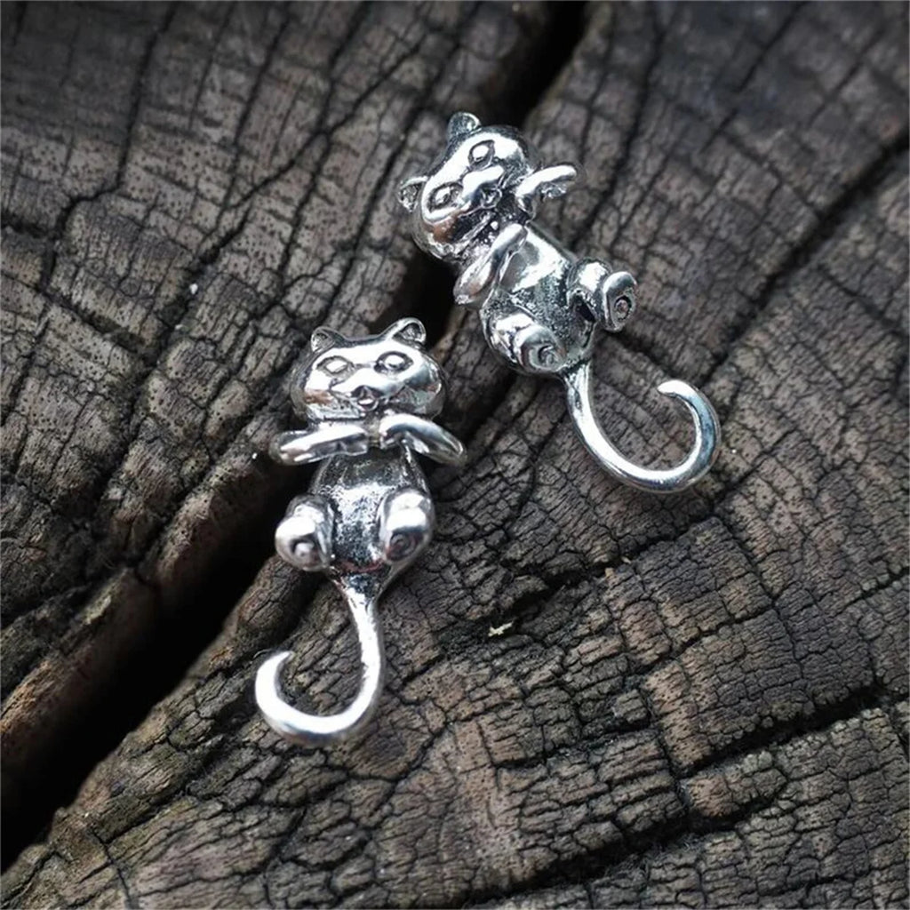 Boucles D'Oreilles Percées Chat Émail Noir - Style Rétro Argenté - Modèle Rare 1633