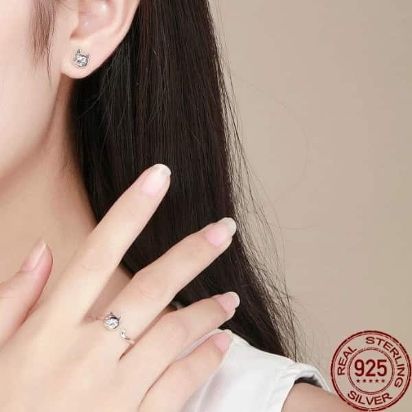 Bague et boucle d oreilles t te de chat argent La boutique du