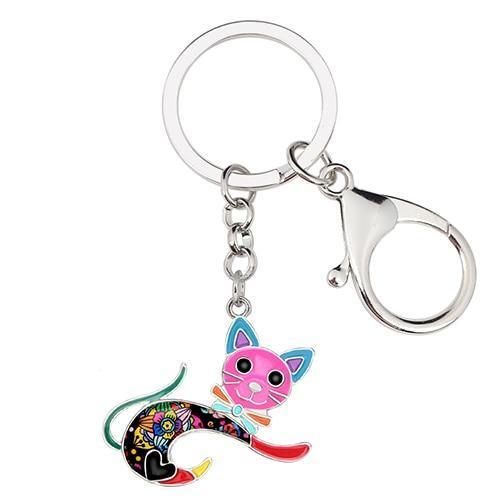Porte-clés Chat Maine Coon Psychédélique - En Verre Noir Et Acier Inoxydable, Motif Imprimé UV, Design Rond
