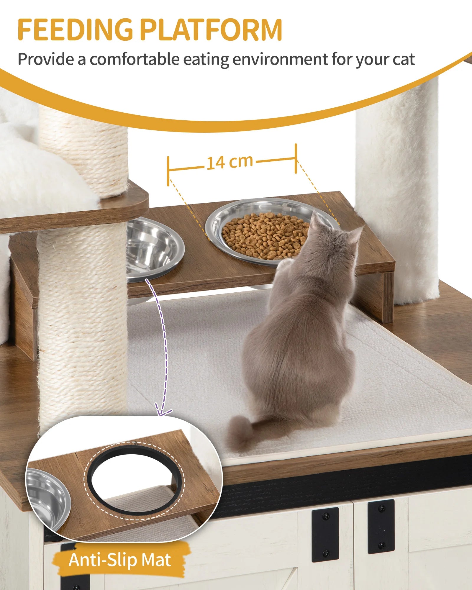 Meuble Arbre à Chat 174 cm | Litière + Gamelles + Griffoir Tout-en-Un