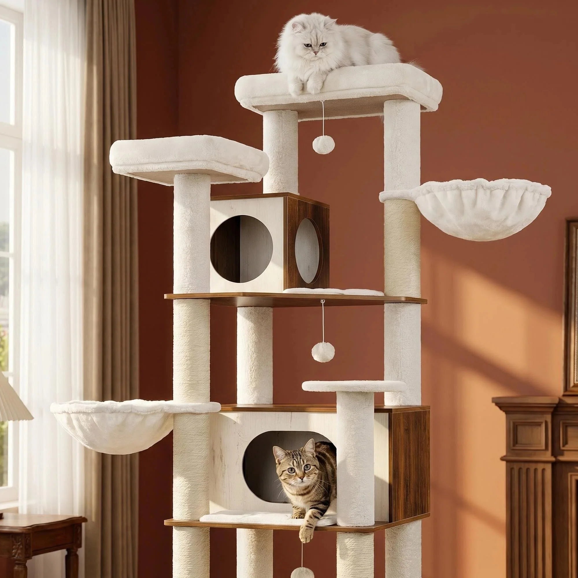 Arbre à Chat Maine Coon Balboa 210 cm | Premium Bois Noyer et Peluche