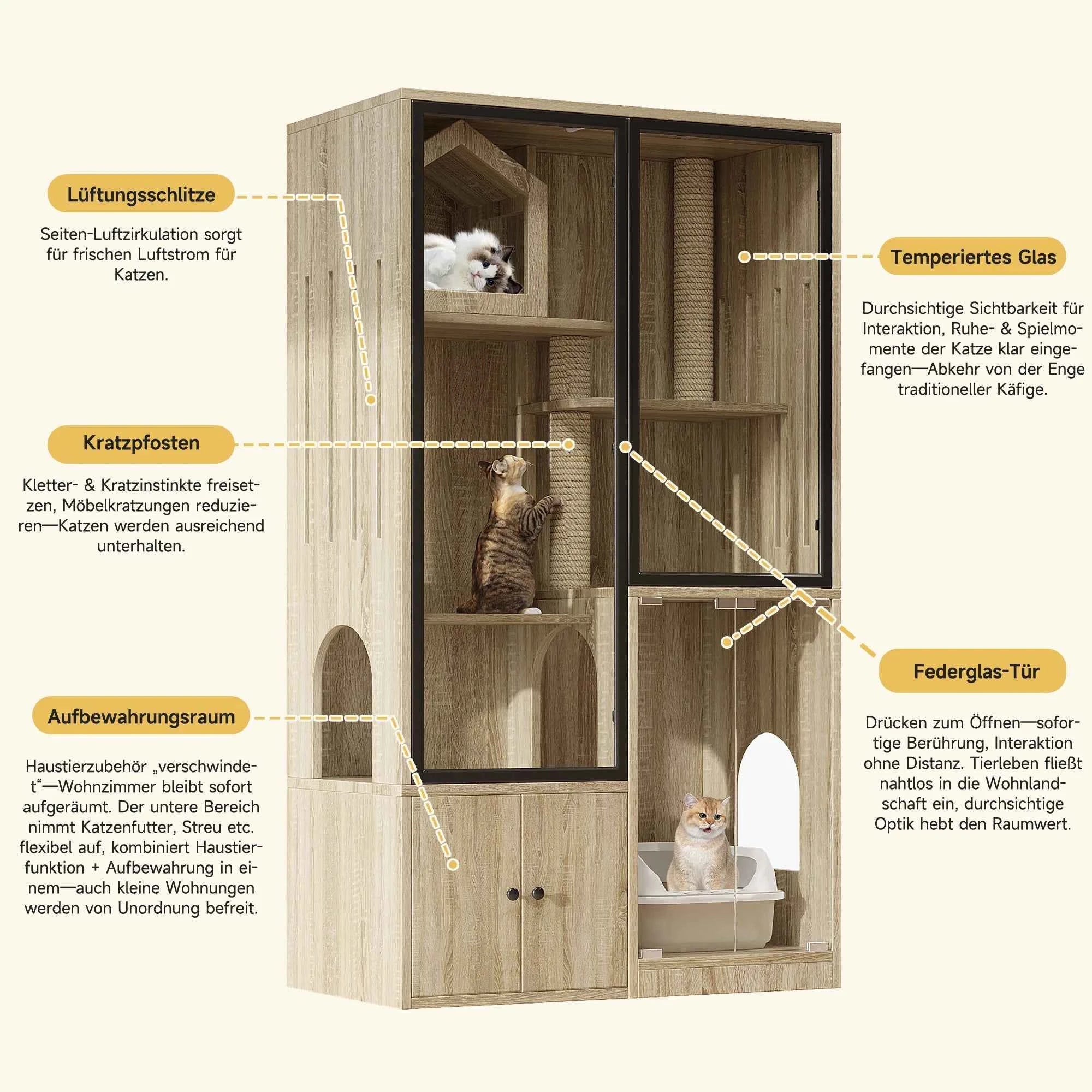 Villa pour chat + armoire toilette pour chat, ensemble de meubles pour animaux de compagnie, maison pour chat en verre, armoire à litière pour chat, couleur bois d'érable jaune