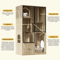 Villa pour chat + armoire toilette pour chat, ensemble de meubles pour animaux de compagnie, maison pour chat en verre, armoire à litière pour chat, couleur bois d'érable jaune