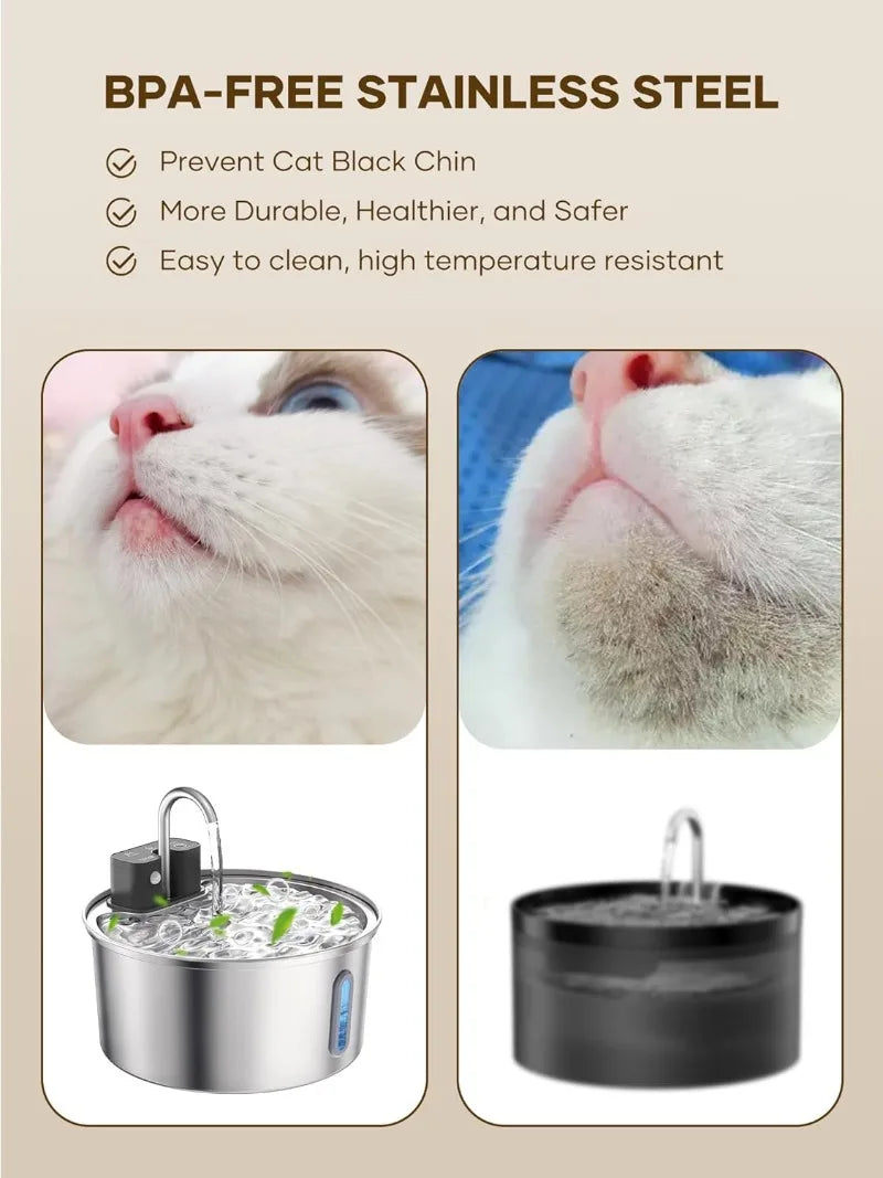 Fontaine d'eau sans fil pour chat en acier inoxydable, 3,2 l, avec batterie 4000mAh