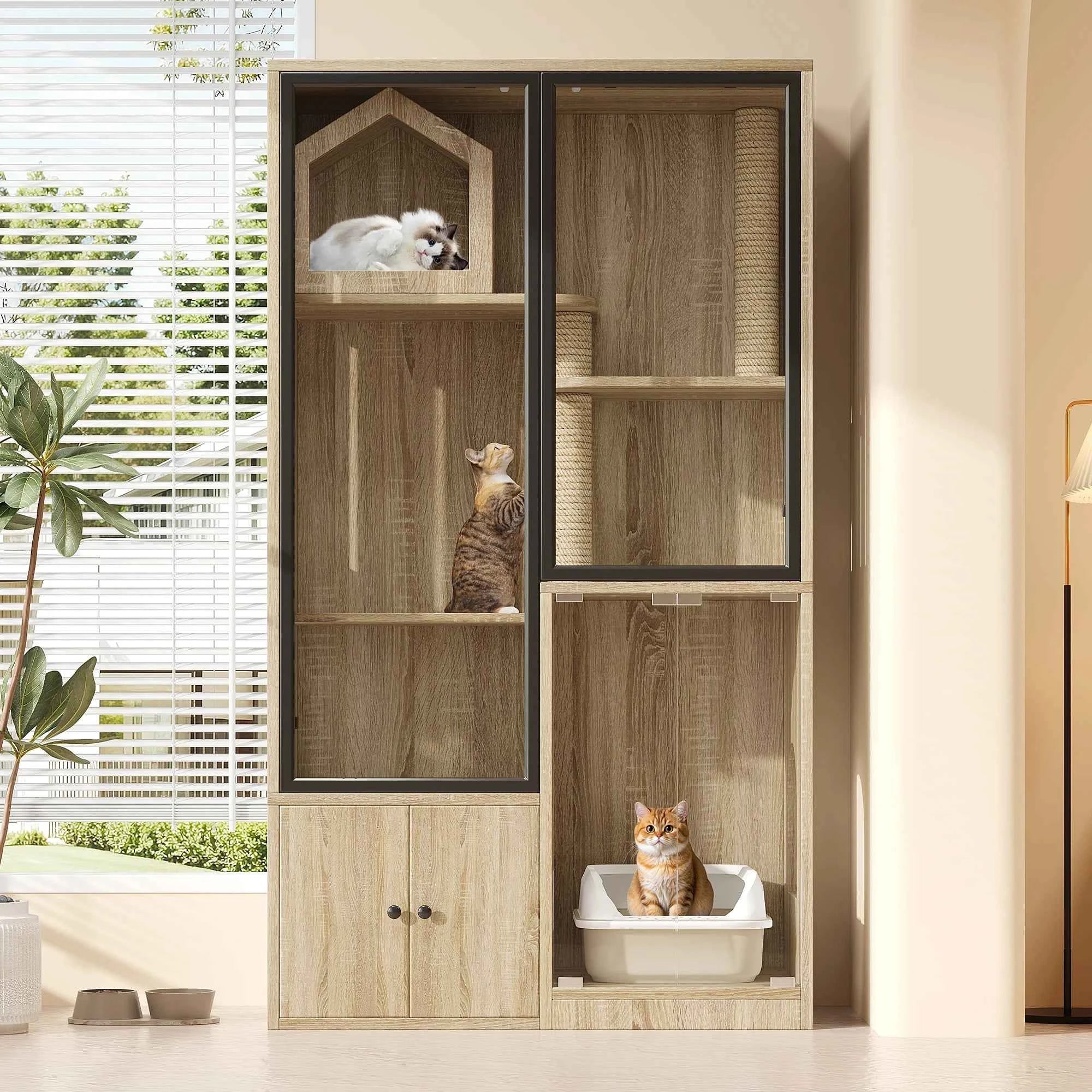 Villa pour chat + armoire toilette pour chat, ensemble de meubles pour animaux de compagnie, maison pour chat en verre, armoire à litière pour chat, couleur bois d'érable jaune