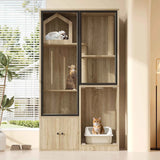 Villa pour chat + armoire toilette pour chat, ensemble de meubles pour animaux de compagnie, maison pour chat en verre, armoire à litière pour chat, couleur bois d'érable jaune