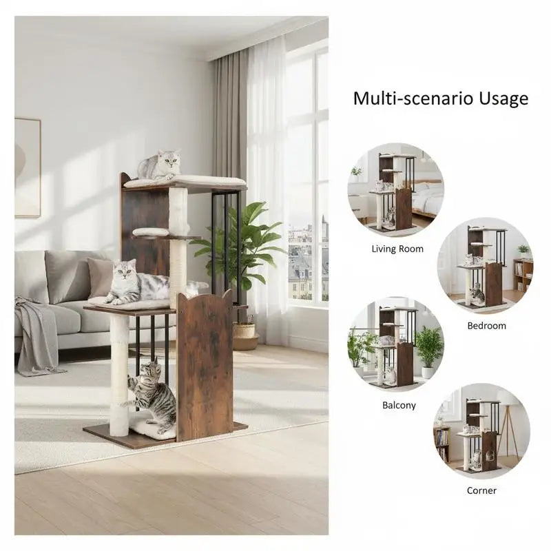 Modern Cat Tree 112 cm Tall for Indoor Cats - Rustic Brown