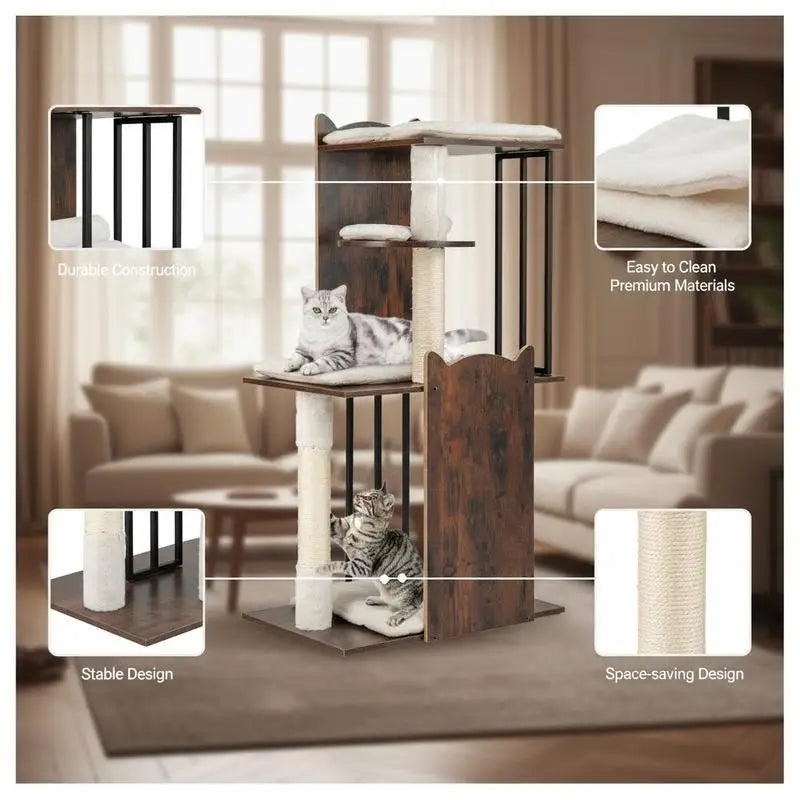 Modern Cat Tree 112 cm Tall for Indoor Cats - Rustic Brown
