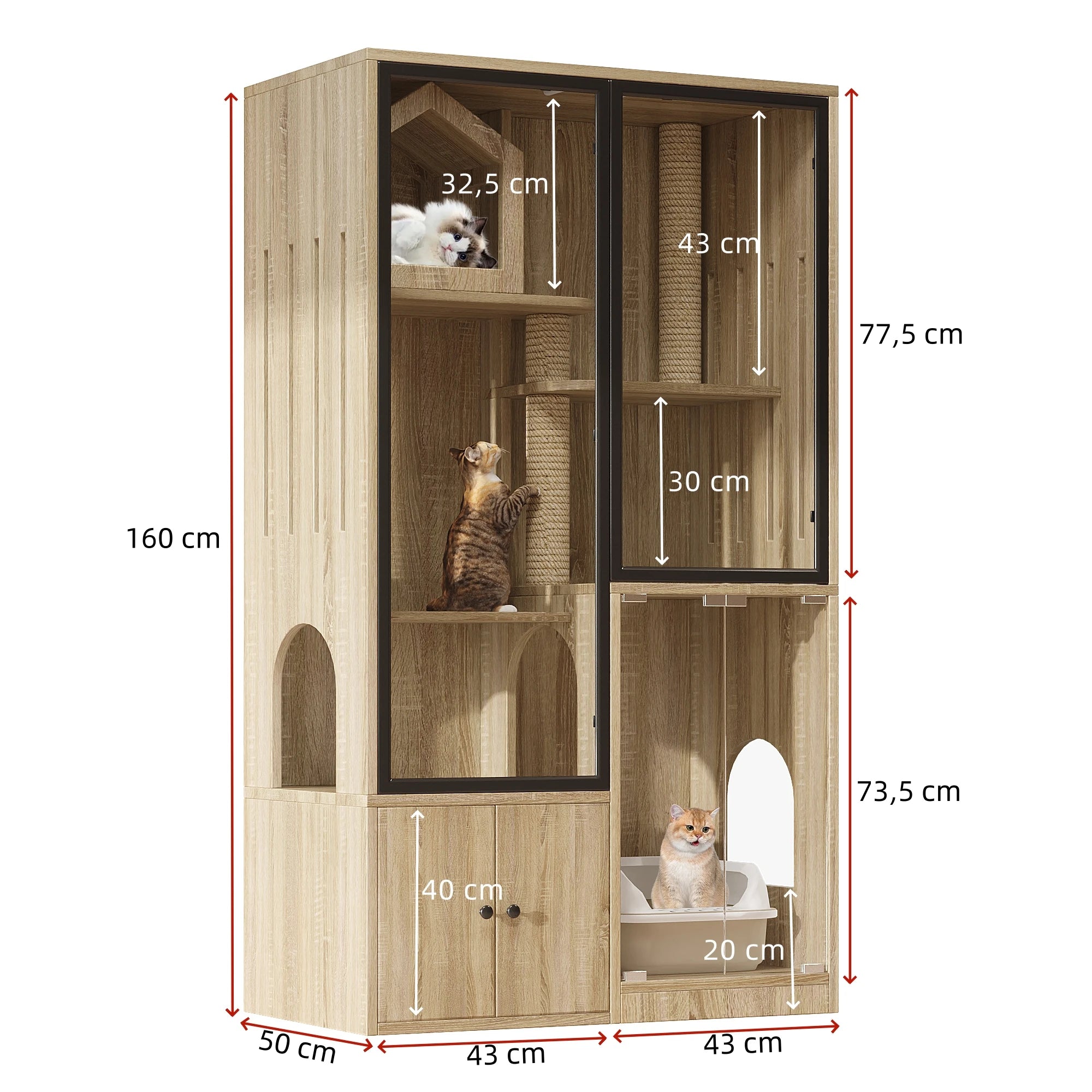 Appartement Chat 160 cm | Meuble Litière Bois avec Portes Vitrées