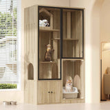 Villa pour chat + armoire toilette pour chat, ensemble de meubles pour animaux de compagnie, maison pour chat en verre, armoire à litière pour chat, couleur bois d'érable jaune