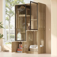 Villa pour chat + armoire toilette pour chat, ensemble de meubles pour animaux de compagnie, maison pour chat en verre, armoire à litière pour chat, couleur bois d'érable jaune