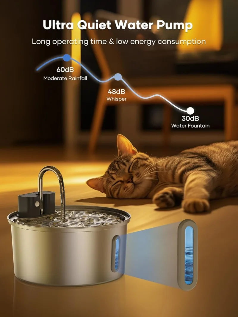 Fontaine d'eau sans fil pour chat en acier inoxydable, 3,2 l, avec batterie 4000mAh