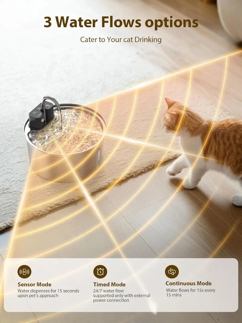 Fontaine d'eau sans fil pour chat en acier inoxydable, 3,2 l, avec batterie 4000mAh