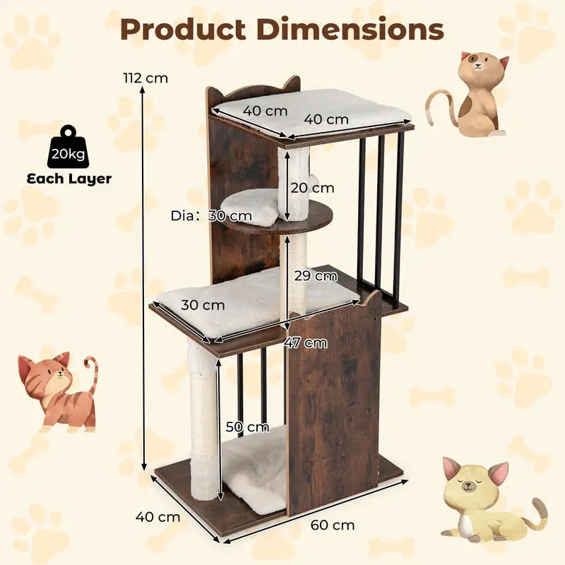 Modern Cat Tree 112 cm Tall for Indoor Cats - Rustic Brown