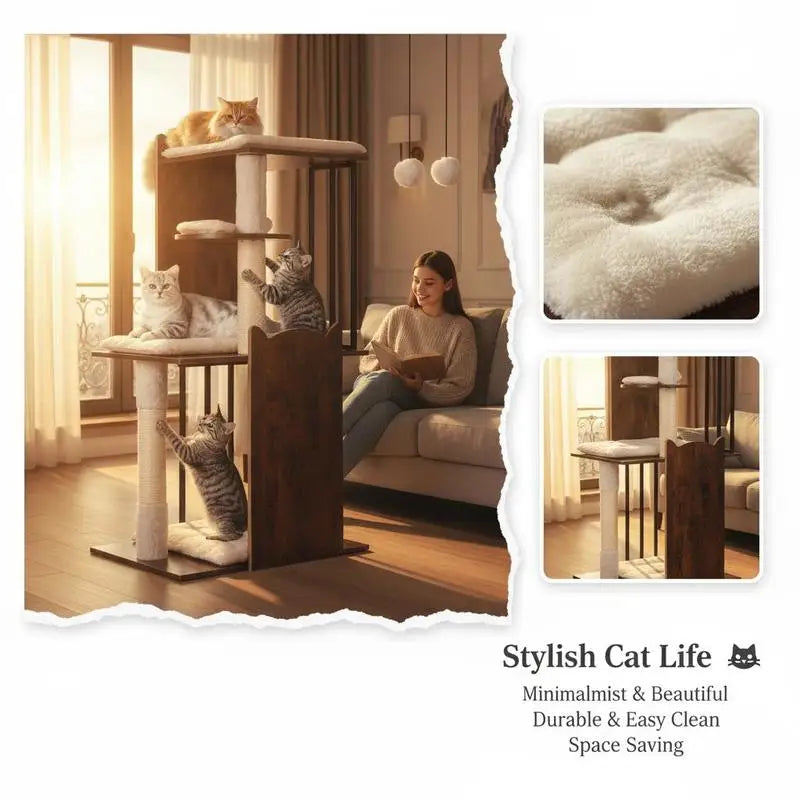 Modern Cat Tree 112 cm Tall for Indoor Cats - Rustic Brown