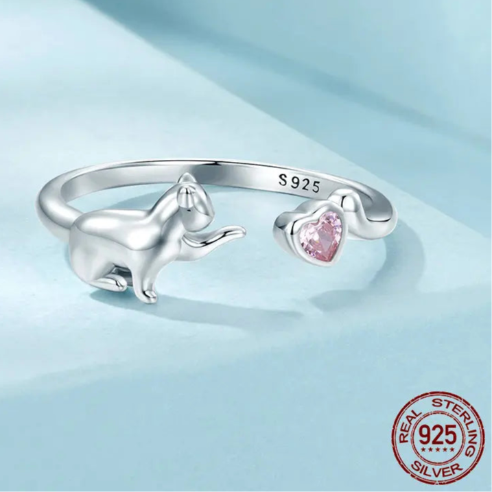 Bague Chat Argent Coeur Rose