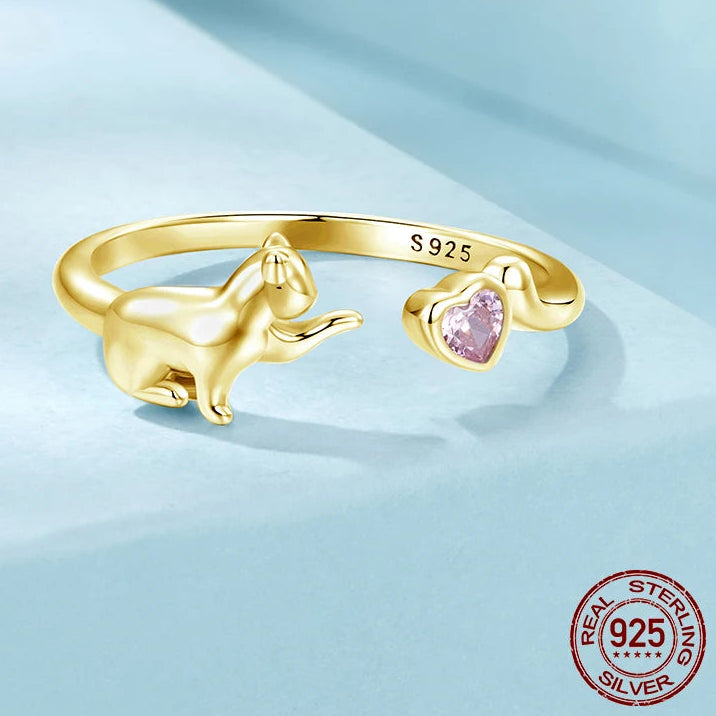 Bague Chat Argent Coeur Rose