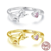 Bague Chat Argent Coeur Rose