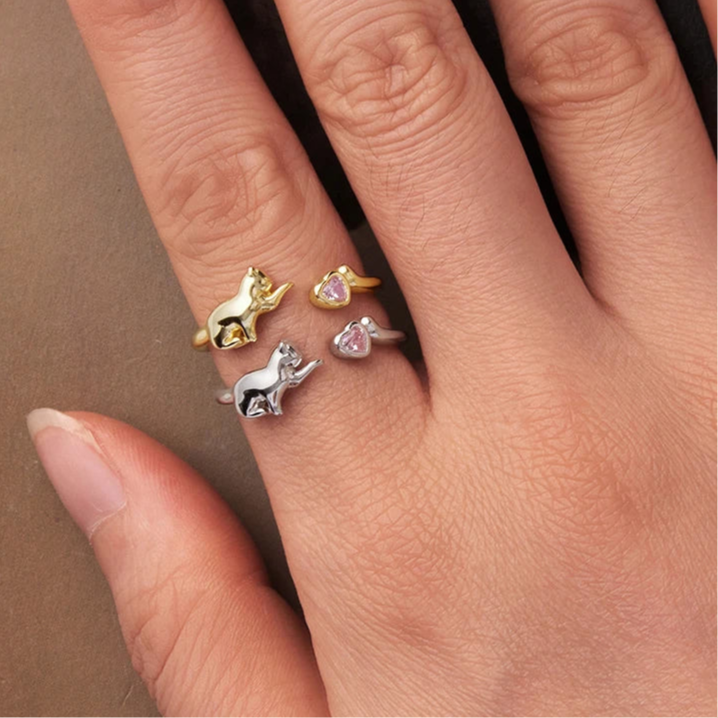 Bague Chat Argent Coeur Rose