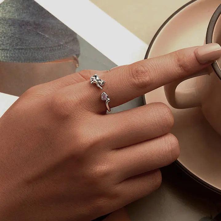 Bague Chat Argent Coeur Rose