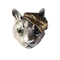 Bague chat au béret - Ajustable / Vert / Antique Silver 