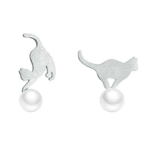 Boucles D'Oreilles Chat Et Lune En Argent 925 - Émail Bleu - Hypoallergénique - Cadeau Pour Femme, Fille - 1x0.9 Cm