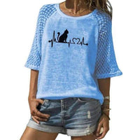 T-shirt chat coeur manches mi-longues - Bleu / XXL - T-shirt