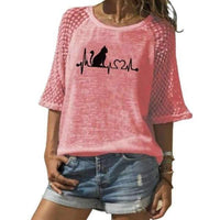 T-shirt chat coeur manches mi-longues - Rose / XXL - T-shirt