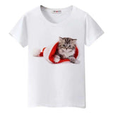 T shirt chaton dans un bonnet de Noel pour femme - Blanc / S