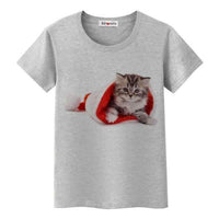 T shirt chaton dans un bonnet de Noel pour femme - Gris / S 