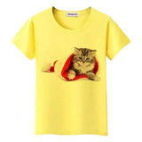 T shirt chaton dans un bonnet de Noel pour femme - jaune / S