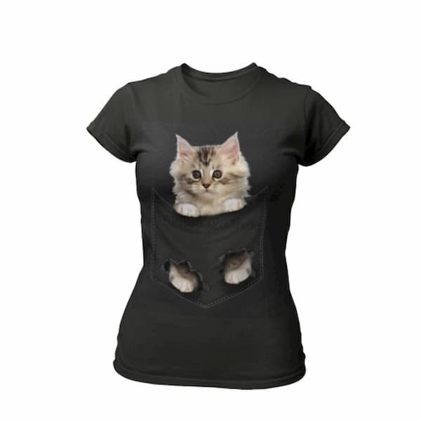 T-shirt chaton Maine Coon dans la poche - Noir Femme / XXXL 