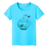 Tee Shirt chat qui joue avec un aquarium femme - Bleu / S - 