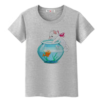 Tee Shirt chat qui joue avec un aquarium femme - gris / S - 