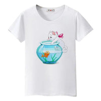 Tee Shirt chat qui joue avec un aquarium femme - Blanc / S -