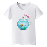 Tee Shirt chat qui joue avec un aquarium femme - Blanc / S -