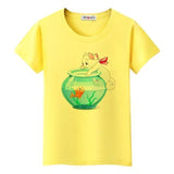 Tee Shirt chat qui joue avec un aquarium femme - Jaune / S -