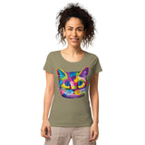 T-shirt éco-responsable chat multicolore - Kaki / S - Hauts